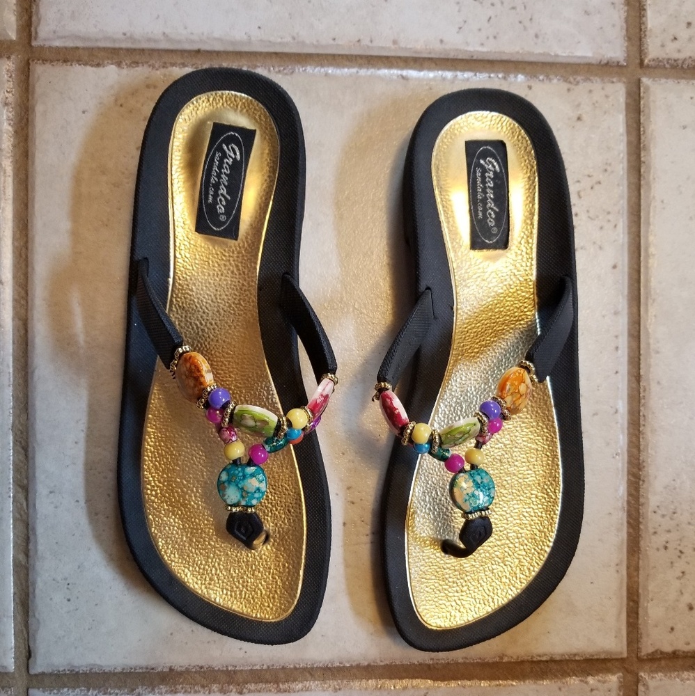 Last Chance! Women's Sandles Gold Black Stones